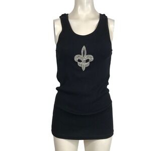 Fresh Tea Black Ribbed Tank Top Fleur de Lis Rhinestone Embellishment Women's XL